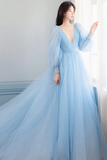 Light Blue Long Sleeves V Neck Long Formal Dress A-Line Evening Dress HZ0319