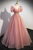 Pink A-Line Ball Gown Bling Tulle Long Prom Dress with Short Sleeves HZ0319