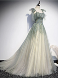 Gray Green Tulle A-Line Sequin Beads Long Prom Dress Evening Dress HZ0319