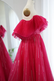 Hot Pink Off Shoulder Long Prom Dress, A Line Party Dresses With Sequin HZ0319