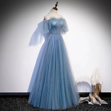 Shiny Blue Off Shoulder Beading Tulle Formal Evening Gown Prom Dress HZ0319