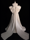 Elegant White Off Shoulder A-Line Satin Wedding Dress Birthday Gown HZ0319