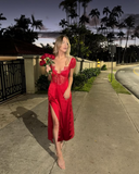 Sexy Red V Neck Lace Satin Long Evening Party Dress with Short Sleeves HZ0319