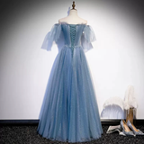 Shiny Blue Off Shoulder Beading Tulle Formal Evening Gown Prom Dress HZ0319