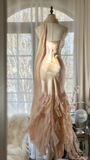 Fairy Pink Spaghetti Straps Mermaid Beaded Long Evening Dresses Birthday Outfits, HZ0319