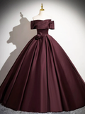Dark Burgundy Satin Elegant A-Line Off Shoulder Evening Gown Formal Party Dress HZ0319