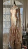 Fairy Pink Spaghetti Straps Mermaid Beaded Long Evening Dresses Birthday Outfits, HZ0319