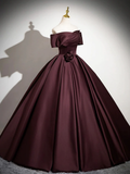 Dark Burgundy Satin Elegant A-Line Off Shoulder Evening Gown Formal Party Dress HZ0319