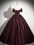 Dark Burgundy Satin Elegant A-Line Off Shoulder Evening Gown Formal Party Dress HZ0319