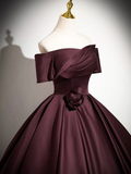 Dark Burgundy Satin Elegant A-Line Off Shoulder Evening Gown Formal Party Dress HZ0319