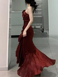 Burgundy Straps Sheath Satin Long Party Dress Birthday Outfit, HZ0319