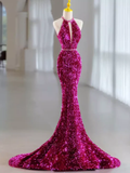 Elegant Fuchsia Halter Sequins Mermaid Long Evening Party Dress HZ0319