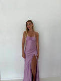 Spaghetti Straps Yellow Long Sheath Prom Dress With Slit HZ0319