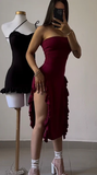 Burgundy Strapless Sheath Ruffles Midi Length Evening Party Dress HZ0319