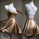 Lovely Gold Straps A-Line Satin Short Party Dress Homecoming Dress HZ0319