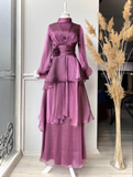 Blue High Neck Long Sleeves A-Line Chiffon Modest Long Formal Party Dress, HZ0319