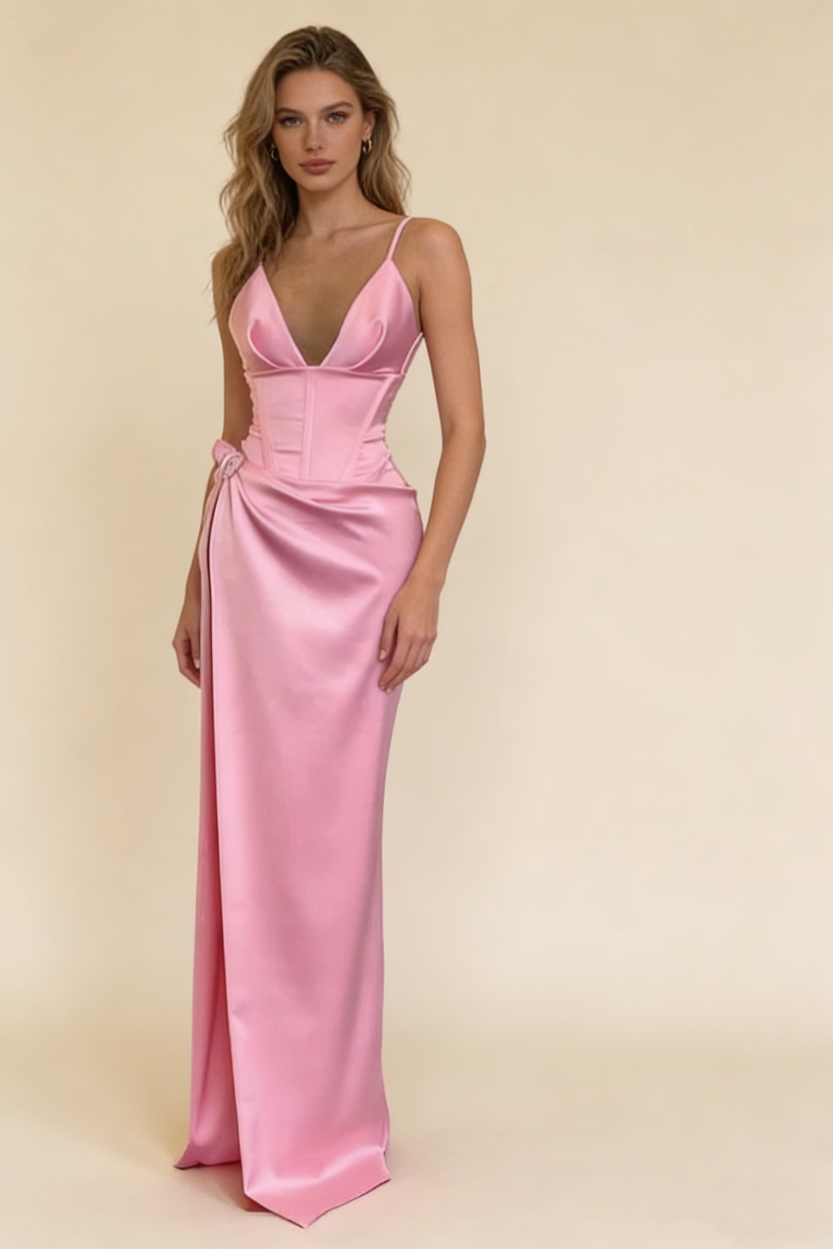 2026 Sexy Pink Prom Dress Satin V-neck Evening Dress Gala Gown Birthday HZ0319