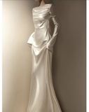 Elegant Ivory Long Sleeves Sheath Satin Long Formal Party Dress HZ0319