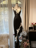 Black Straps Mermaid Lace Asymmetric Long Party Dress Vintage Evening Dress, HZ0319