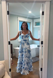 Blue Printed Straps A-Line Cute Long Formal Prom Dress Evening Dress HZ0319