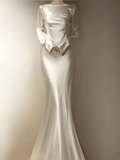 Elegant Ivory Long Sleeves Sheath Satin Long Formal Party Dress HZ0319