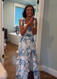 Blue Printed Straps A-Line Cute Long Formal Prom Dress Evening Dress HZ0319