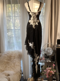 Black Straps Mermaid Lace Asymmetric Long Party Dress Vintage Evening Dress, HZ0319