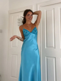 Elegant Blue V Neck Spaghetti Straps Sheath Long Party Dress HZ0319