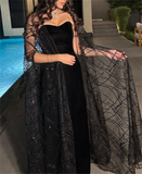 Modest Black Spaghetti Straps Sheath Long Formal Prom Gown with Shawl HZ0319