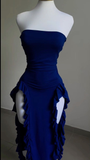 Burgundy Strapless Sheath Ruffles Midi Length Evening Party Dress HZ0319