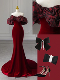 Charming Red Off Shoulder Velvet Mermaid Long Formal Party Dress HZ0319