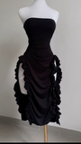 Burgundy Strapless Sheath Ruffles Midi Length Evening Party Dress HZ0319