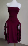 Burgundy Strapless Sheath Ruffles Midi Length Evening Party Dress HZ0319