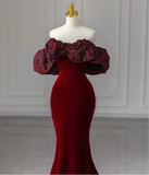 Charming Red Off Shoulder Velvet Mermaid Long Formal Party Dress HZ0319