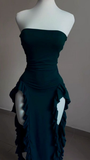 Burgundy Strapless Sheath Ruffles Midi Length Evening Party Dress HZ0319