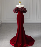 Charming Red Off Shoulder Velvet Mermaid Long Formal Party Dress HZ0319