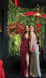Shiny Fuchsia V Neck Sequins Sheath Long Evening Party Dress HZ0319