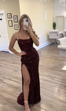 Burgundy Straps Sheath Sequins Shiny Long Party Dress with Slit HZ0319