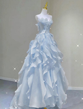 Light Blue Strapless A-Line Chiffon Long Party Dress Birthday Outfits HZ0319