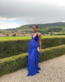 Royal Blue V Neck Straps Ruffles Mermaid Long Formal Party Dress HZ0319