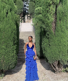 Royal Blue V Neck Straps Ruffles Mermaid Long Formal Party Dress HZ0319