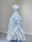 Light Blue Strapless A-Line Chiffon Long Party Dress Birthday Outfits HZ0319