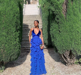 Royal Blue V Neck Straps Ruffles Mermaid Long Formal Party Dress HZ0319
