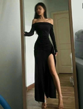 Black Off Shoulder Long Sleeves Sexy Sheath Long Evening Party Dress HZ0319