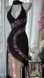 Retro Black V-neck Applique Design Romantic Chiffon Evening Dress Prom Dress HZ0319