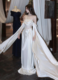 White Off Shoulder A-Line Lace Satin Long Prom Dress Wedding Dress HZ0319
