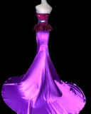 Unique Strapless Mermaid Satin Barbie Pink Long Evening Party Dress, HZ0319