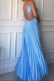 Blue Halter A-Line Open Back Pleated Satin Long Party Dress HZ0319