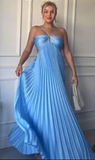 Blue Halter A-Line Open Back Pleated Satin Long Party Dress HZ0319