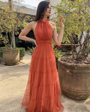Orange Halter A-Line Tulle Long Formal Party Dress Evening Gown HZ0319